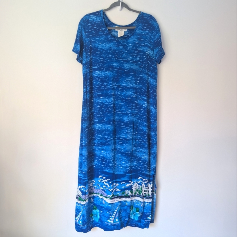 Two Potato Laguna Beach Vintage Rayon Ocean Maxi Shift Dress Vacation Coastal MP